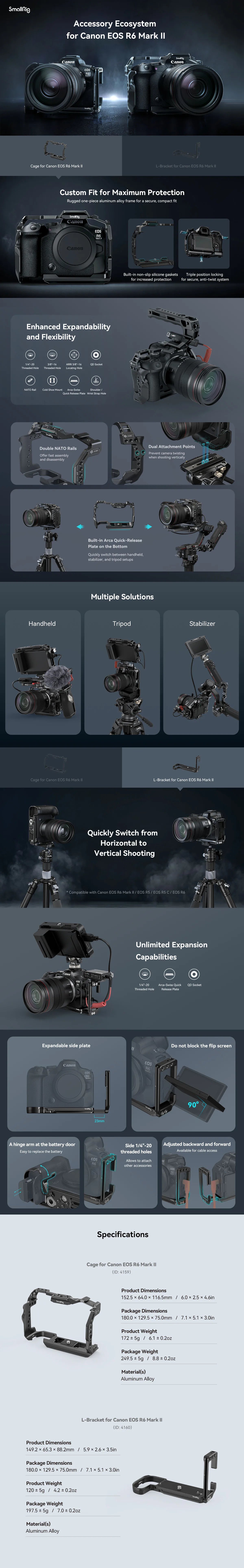 SmallRig Camera L-Bracket for Canon EOS R6 Mark II /R5 /R5 C / R6  Arca-Type 1/4" Accessory Threads Quick Release L Plate 4160