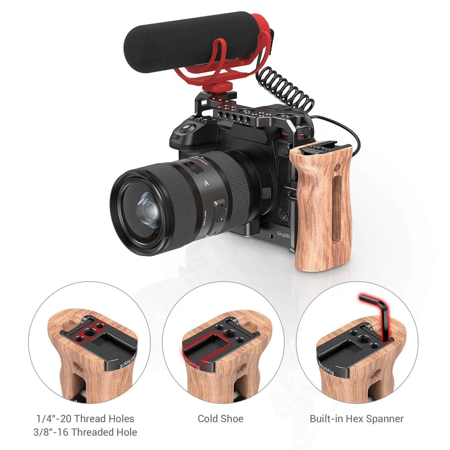 SmallRig Adjustable DSLR Wooden Camera Handle Universal Side Handle Grip W/ Cold Shoe Mount for Microphone and flash light 2093C