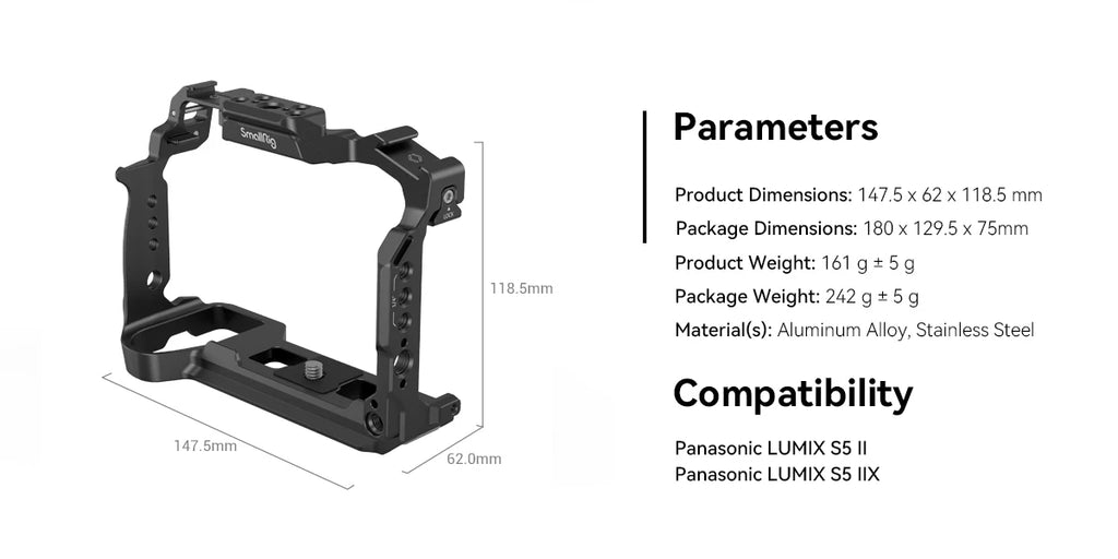 SmallRig Cage for Panasonic LUMIX S5 II Full Cage Kit with NATO Rails Cold Shoe Mounts Arca-Swiss Quick-Release Plate