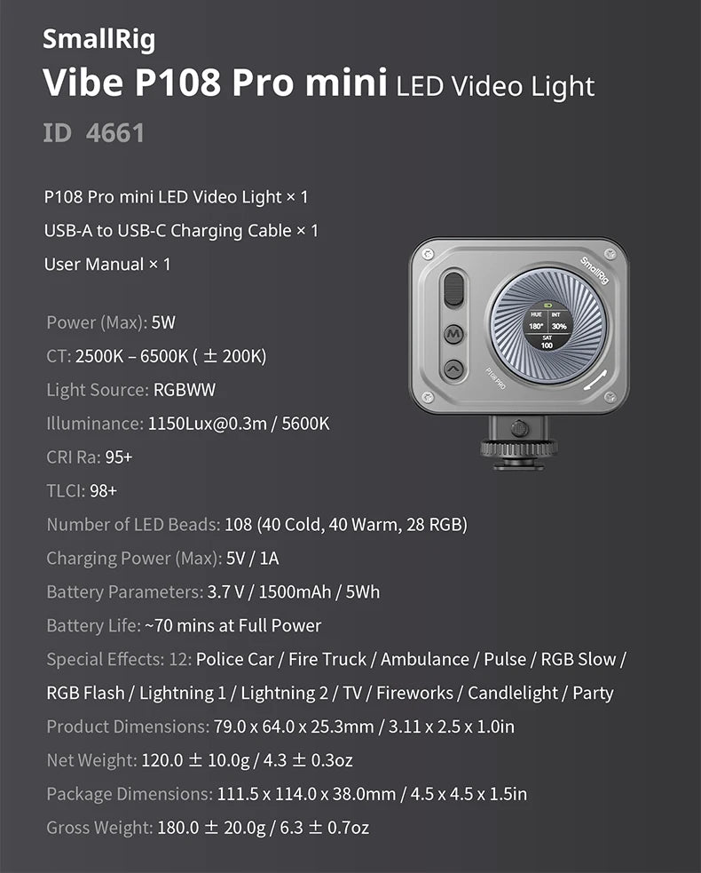 SmallRig Vibe P96 Pro mini LED Video Light, Pink & Black Color