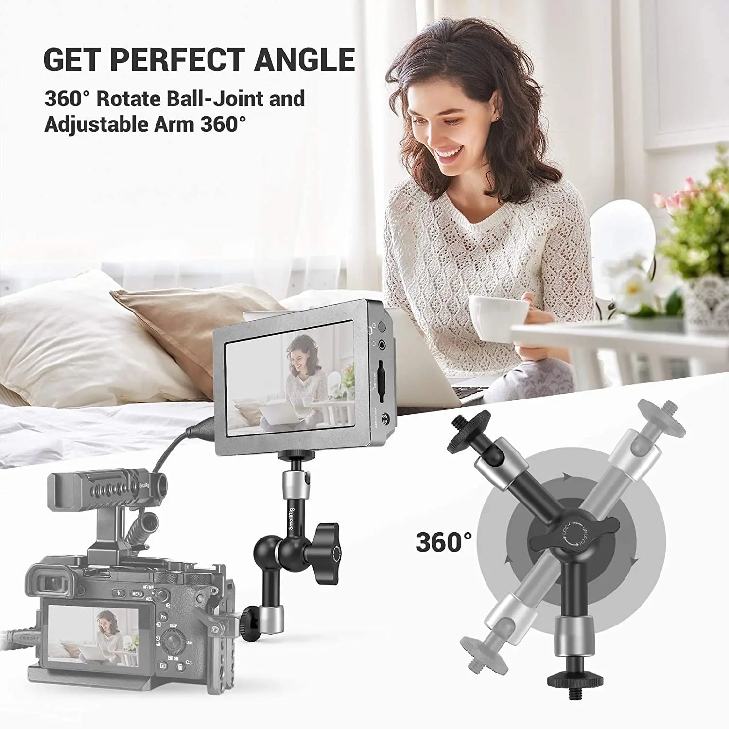 SmallRig Camera 5.5 inches Articulating Arm EVF Mount Microphone Mount Universal 1/4" to 1/4" Aluminum Magic Arm Camera 2065
