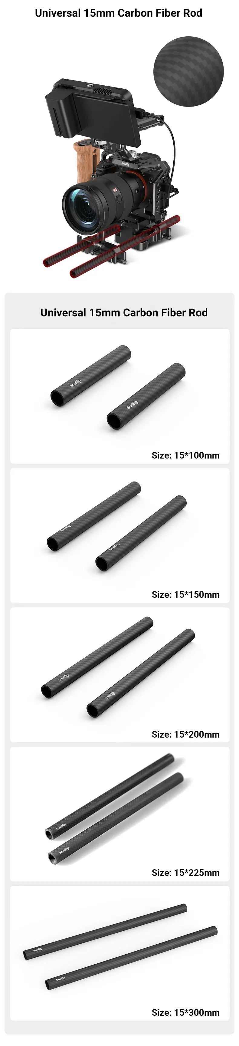 SmallRig 15mm Carbon Fiber Rod Length 10cm/15cm/20cm/22.5cm/30cm, Light Weight Rods for 15mm Support System Camera Rig 2PCS Pack