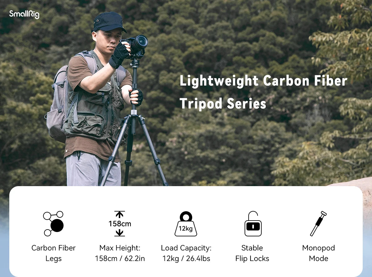 SmallRig Carbon Fiber Tripod with Center Column AP-20 Stable and Lightweight Carbon Fiber Legs Load 12kg Quickly Adjustable 4059