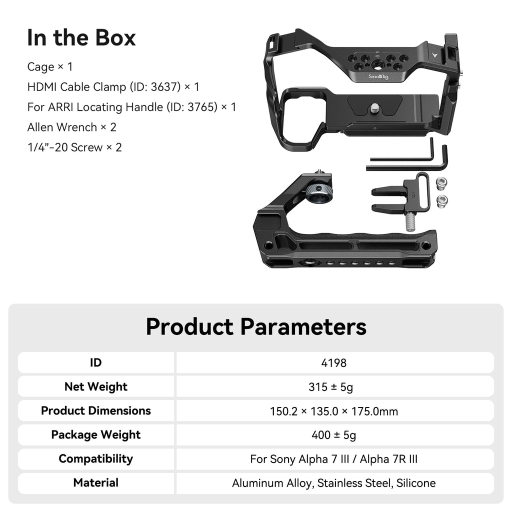 SmallRig A7 III / A7R III Cage Kit with Top Handle Cable for Sony Alpha 7 III / Alpha 7R III Portable Handheld Kit 4198
