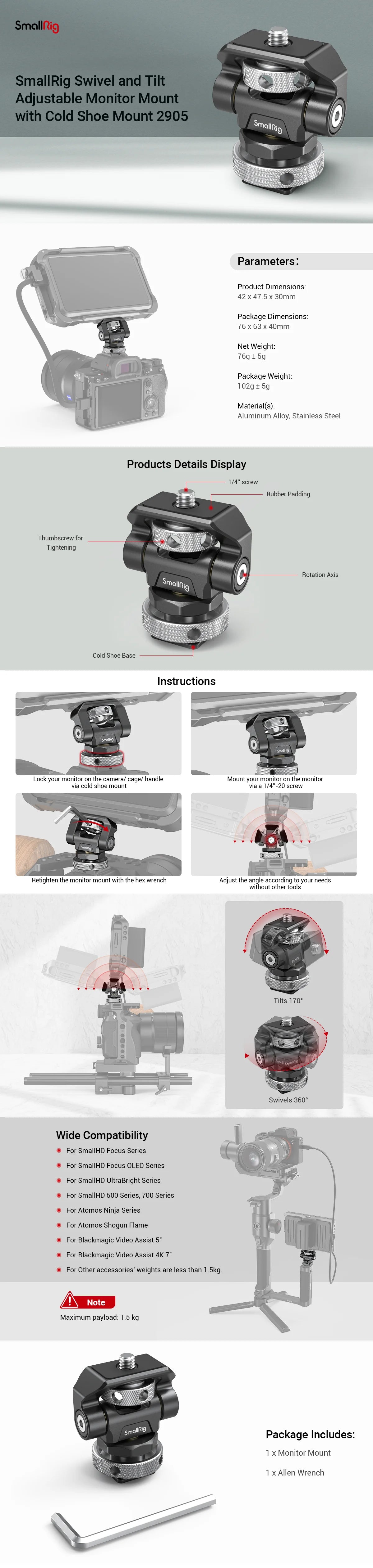 SmallRig Swivel and Tilt Adjustable Monitor Mount with Cold Shoe Mount