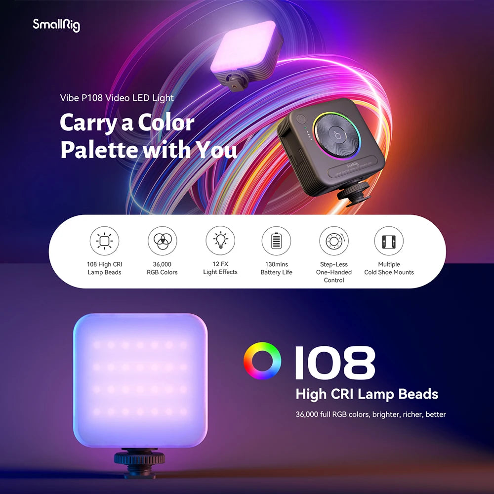 SmallRig P108 RGB Video Light,Portable LED Camera Lights 360°