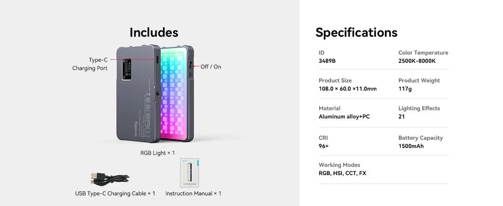 SmallRig P96L RGB Video Light, Portable LED Camera Light