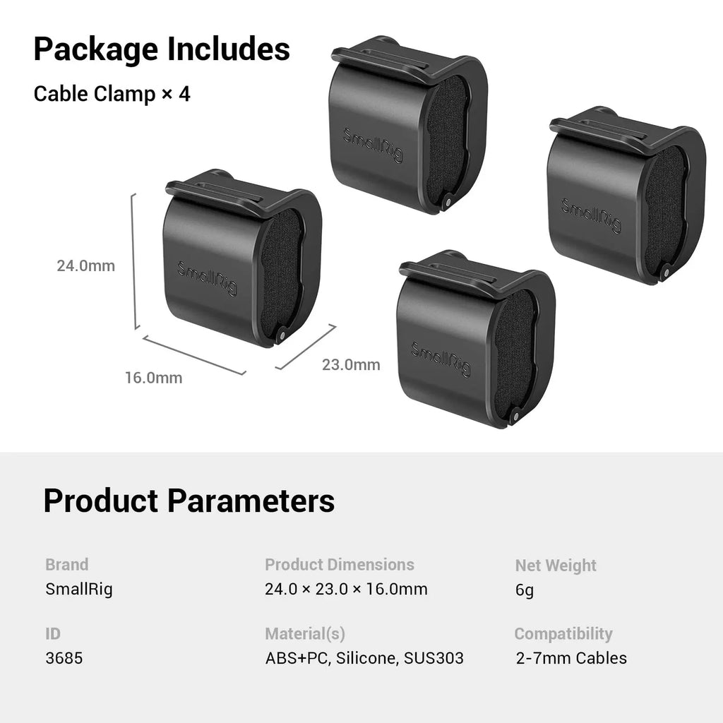 SmallRig 4PCS Camera Cable Clamp Compatible & USB Type-C Φ2-7mm Cables Quick Unlock Compact and light 3685