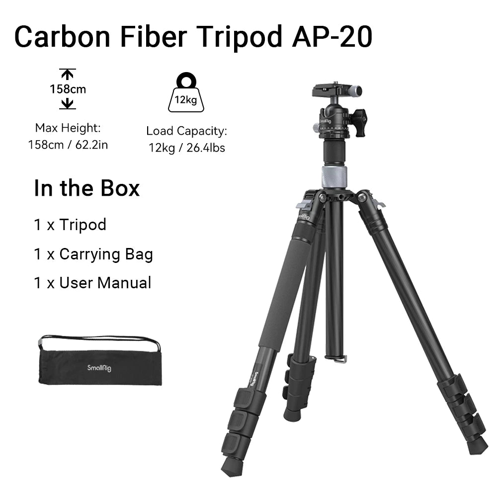 SmallRig Carbon Fiber Tripod with Center Column AP-20 Stable and Lightweight Carbon Fiber Legs Load 12kg Quickly Adjustable 4059