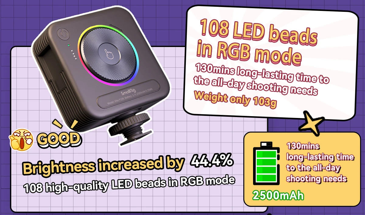 SmallRig Portable Vibe P108 RGB Video Light Smart Light 130mins long-lasting Pocket Size 108 LED Beads Floodlights 4055