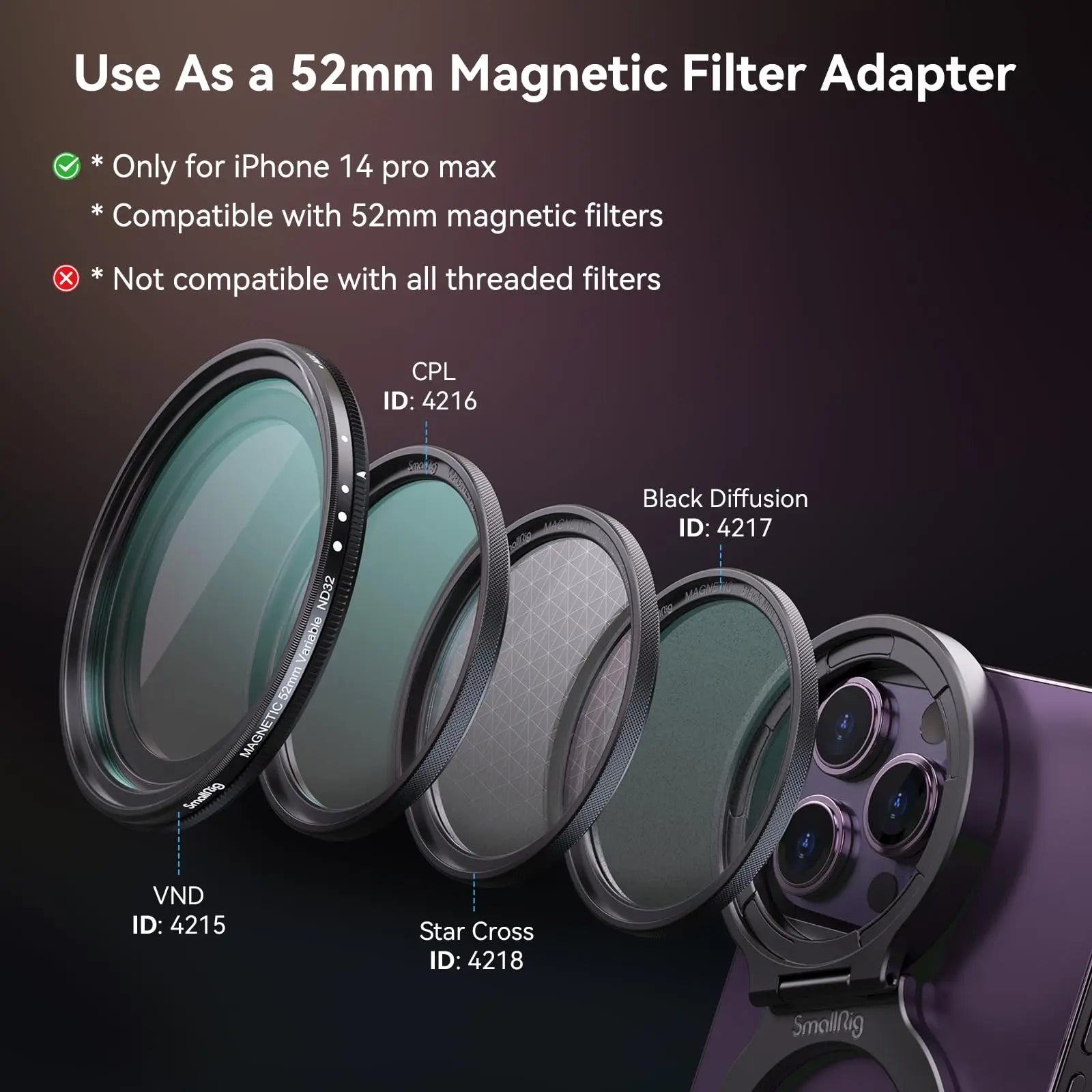 SmallRig 2-in-1 52mm Magnetic Filter Adapter Ring / Phone Stand for iPhone, Foldable Compact and Portable 4219