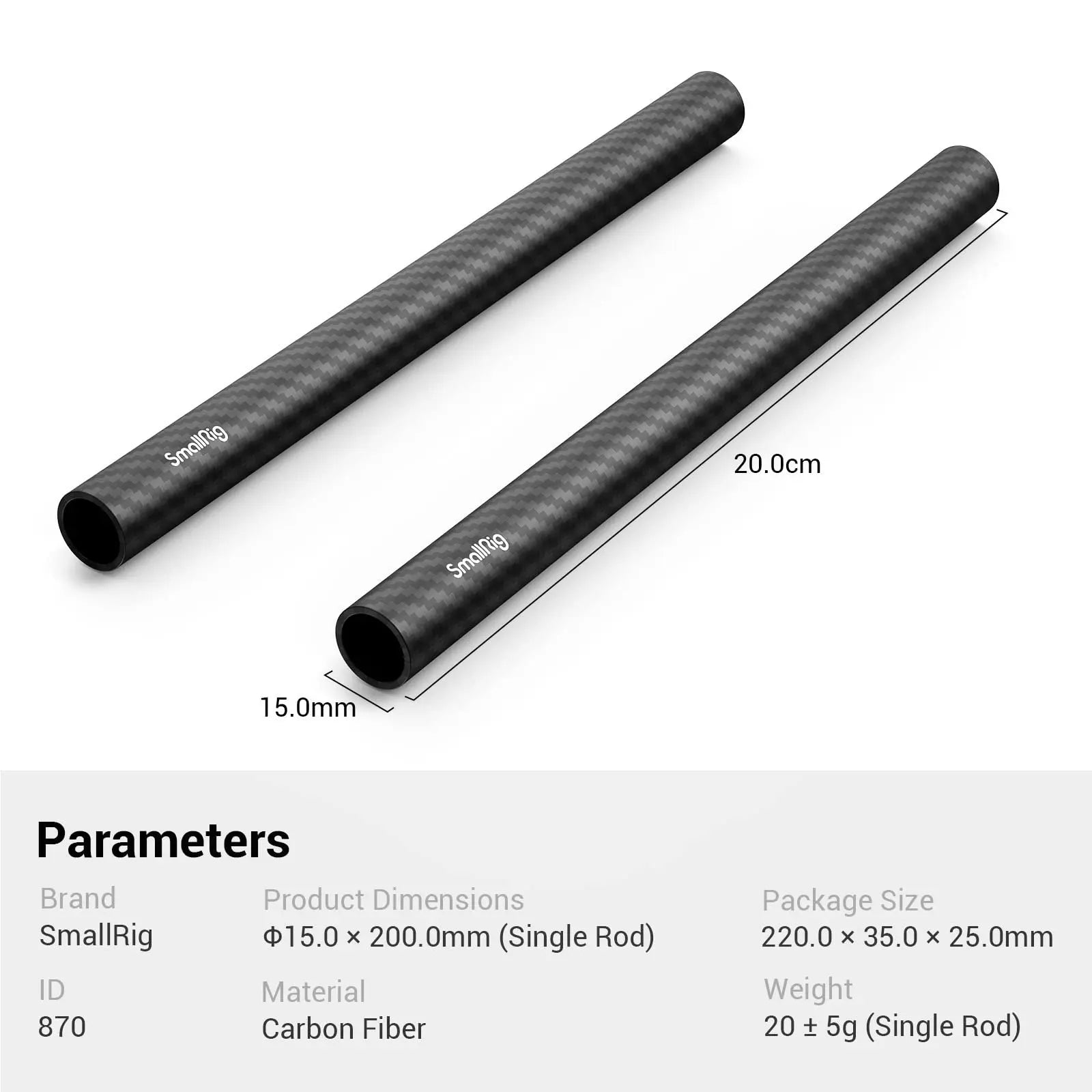 SmallRig 15mm Carbon Fiber Rod for 15mm Rod Support System (Non-Thread), 20cm 8 inches Long, Pack of 2 - 870