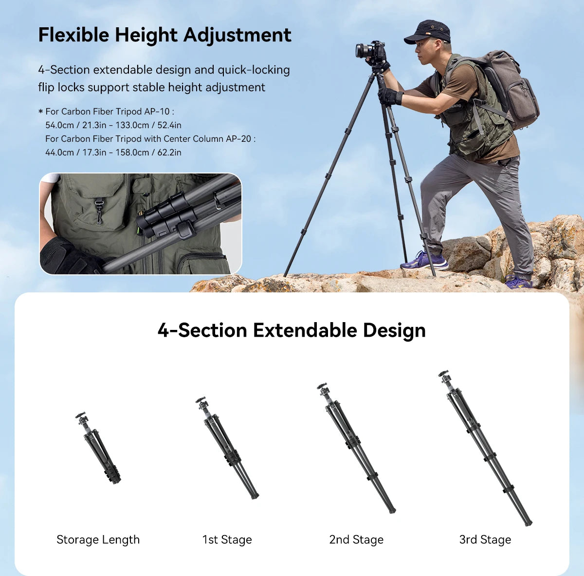 SmallRig Carbon Fiber Tripod with Center Column AP-20 Stable and Lightweight Carbon Fiber Legs Load 12kg Quickly Adjustable 4059