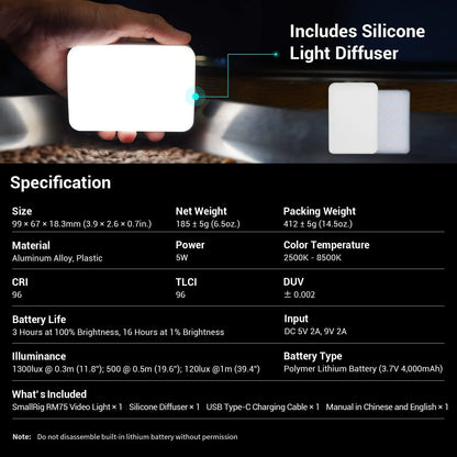SmallRig RM75 RGB Magnetic Video Light RGBWW Full Color Portable App LED Light Panel 4000mAh Battery for Vlogging Photography