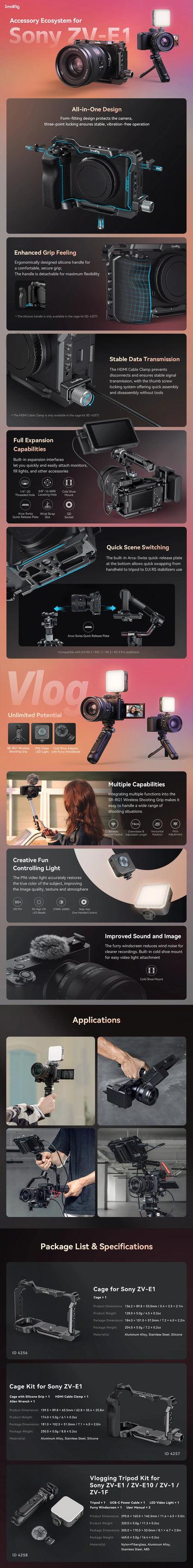 SmallRig ZV-E1 Cage Kit with Silicone Grip and Cable Clamp , Full Camera Cage Kit for Sony ZV-E1, Built-in Quick Release