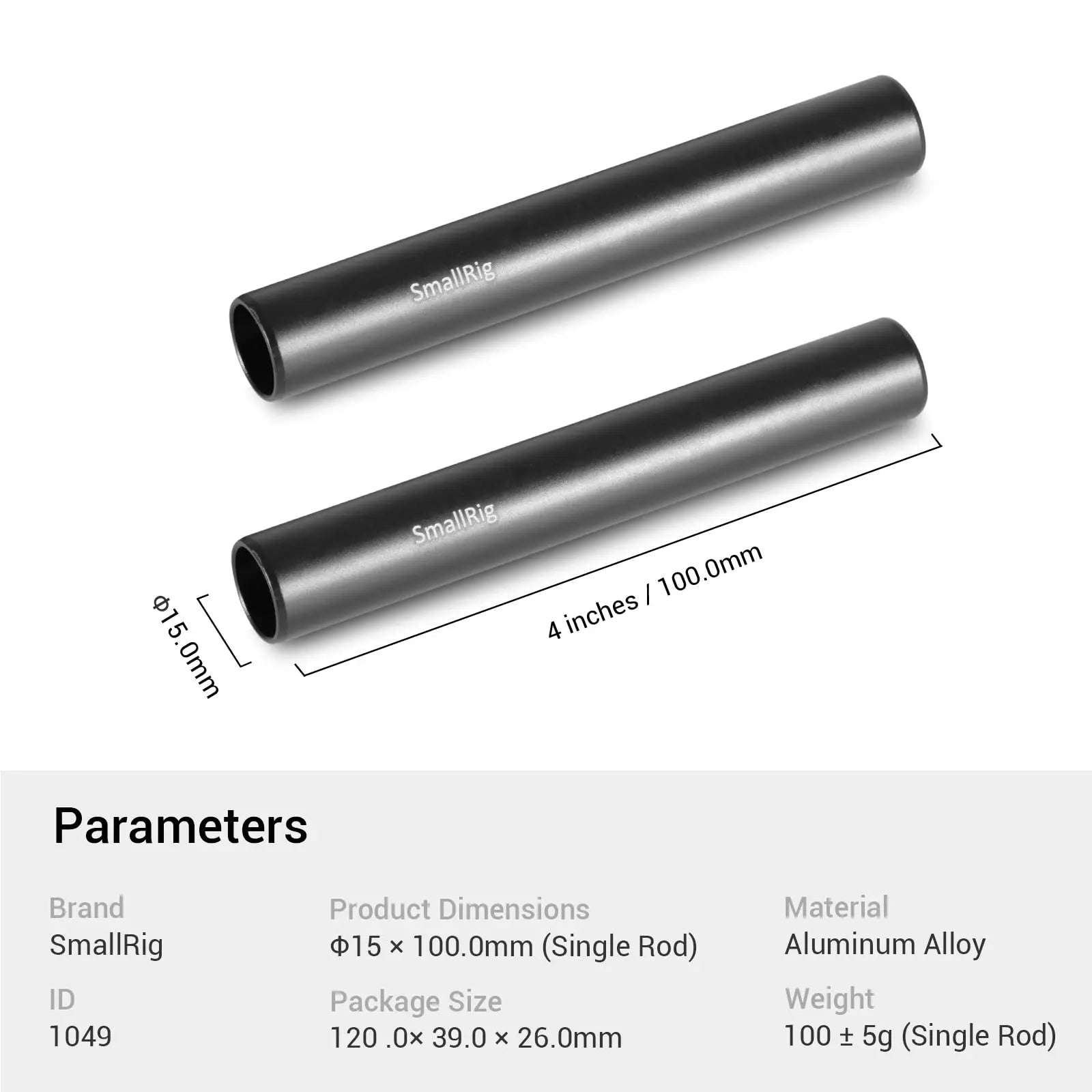 SmallRig Black Aluminum Alloy 15mm Rod Camera Rail Rod - 10cm 4 Inch (Pair Pack) for Monitor EVF Mount Attach -1049