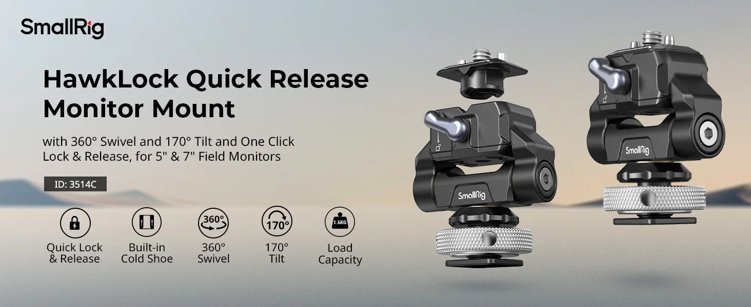 SmallRig Quick Release Camera Monitor Mount with Cold Shoe,Supports Swivel 360° and Tilt 170° Adjustable,Drop-in HawkLock Holder