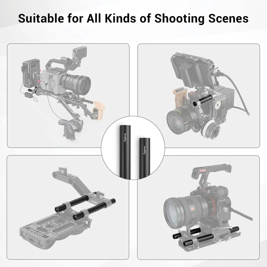 SmallRig Black Aluminum Alloy 15mm Rod M12-20cm 8inch Long (2 Pack)- 1051