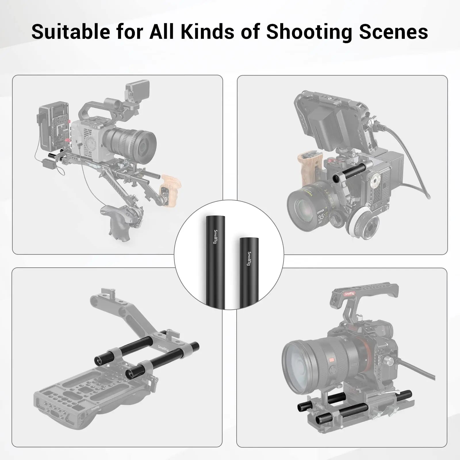 SmallRig Black Aluminum Alloy 15mm Rod M12-20cm 8inch Long (2 Pack)- 1051