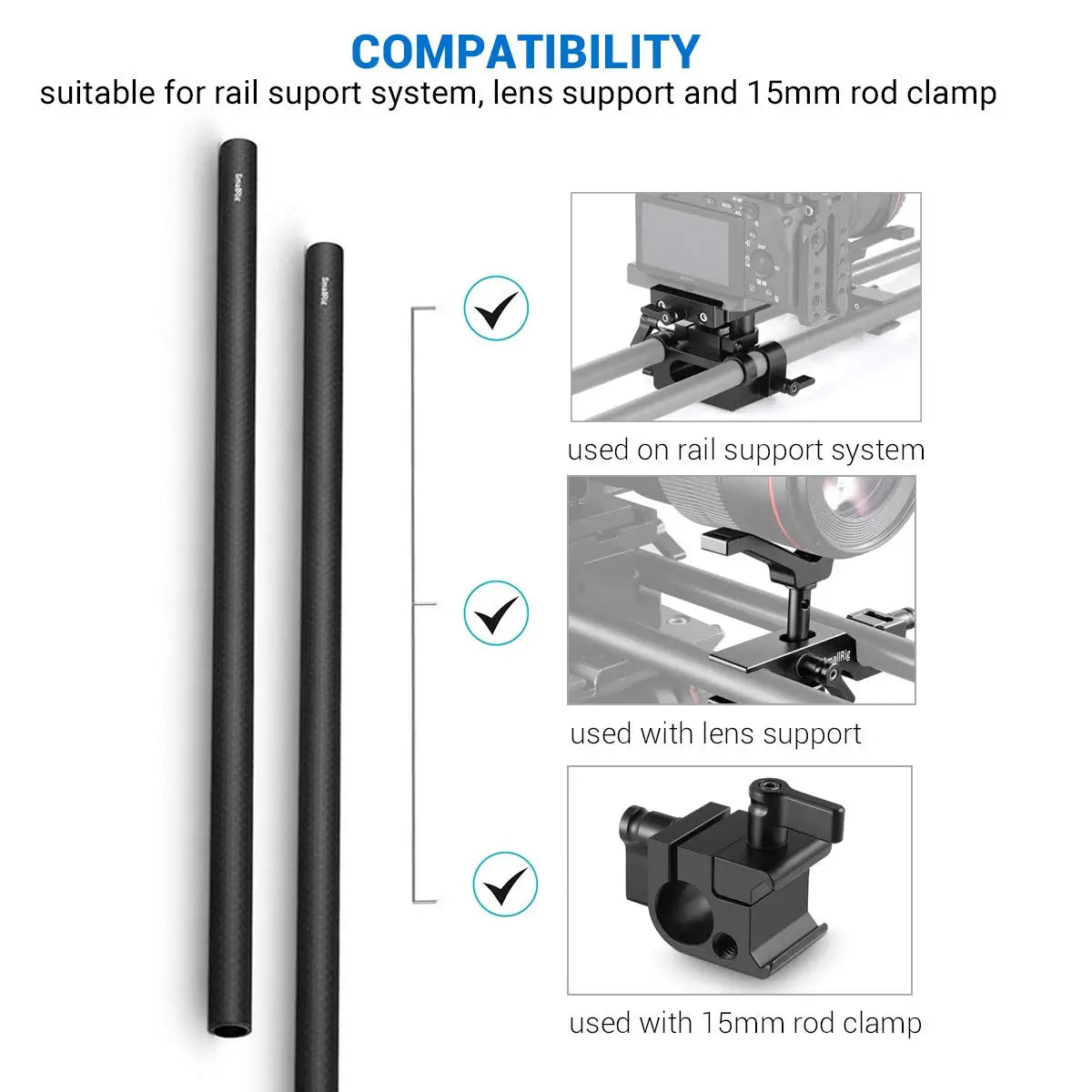 SmallRig 15mm Carbon Fiber Rod Precision Crafted Support Rods 12 inch/30 cm Long for Camera Shoulder Rig System-851 (2Pcs Pack)