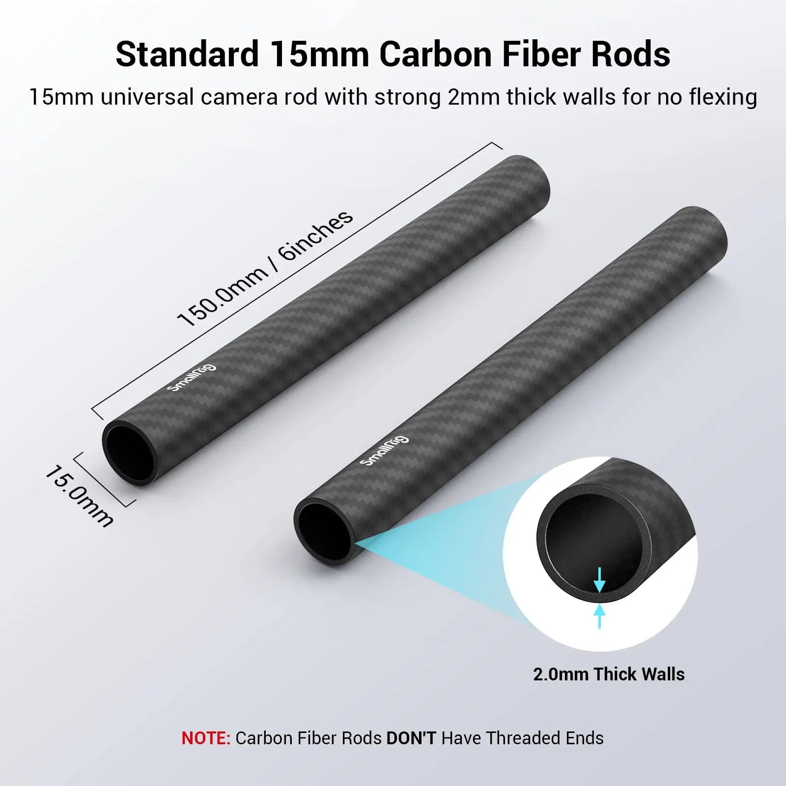 SmallRig 15mm Carbon Fiber Rod Length 10cm/15cm/20cm/22.5cm/30cm, Light Weight Rods for 15mm Support System Camera Rig 2PCS Pack