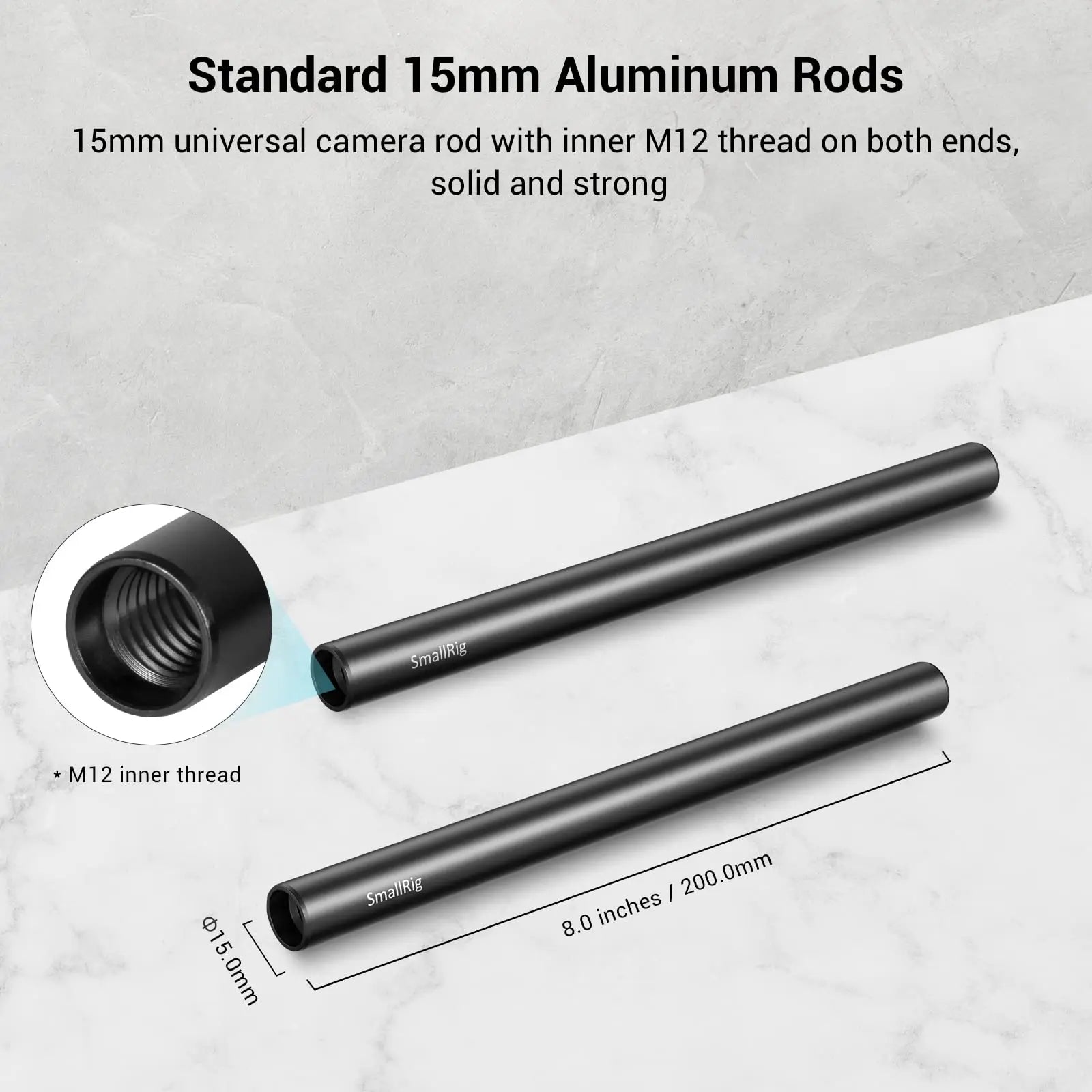 SmallRig Black Aluminum Alloy 15mm Rod M12-20cm 8inch Long (2 Pack)- 1051