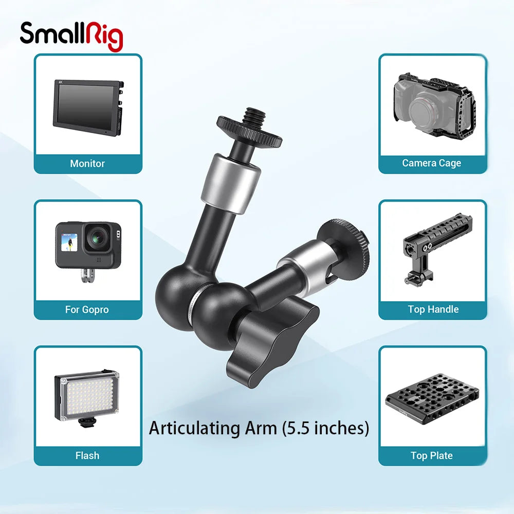 SmallRig Camera 5.5 inches Articulating Arm EVF Mount Microphone Mount Universal 1/4" to 1/4" Aluminum Magic Arm Camera 2065