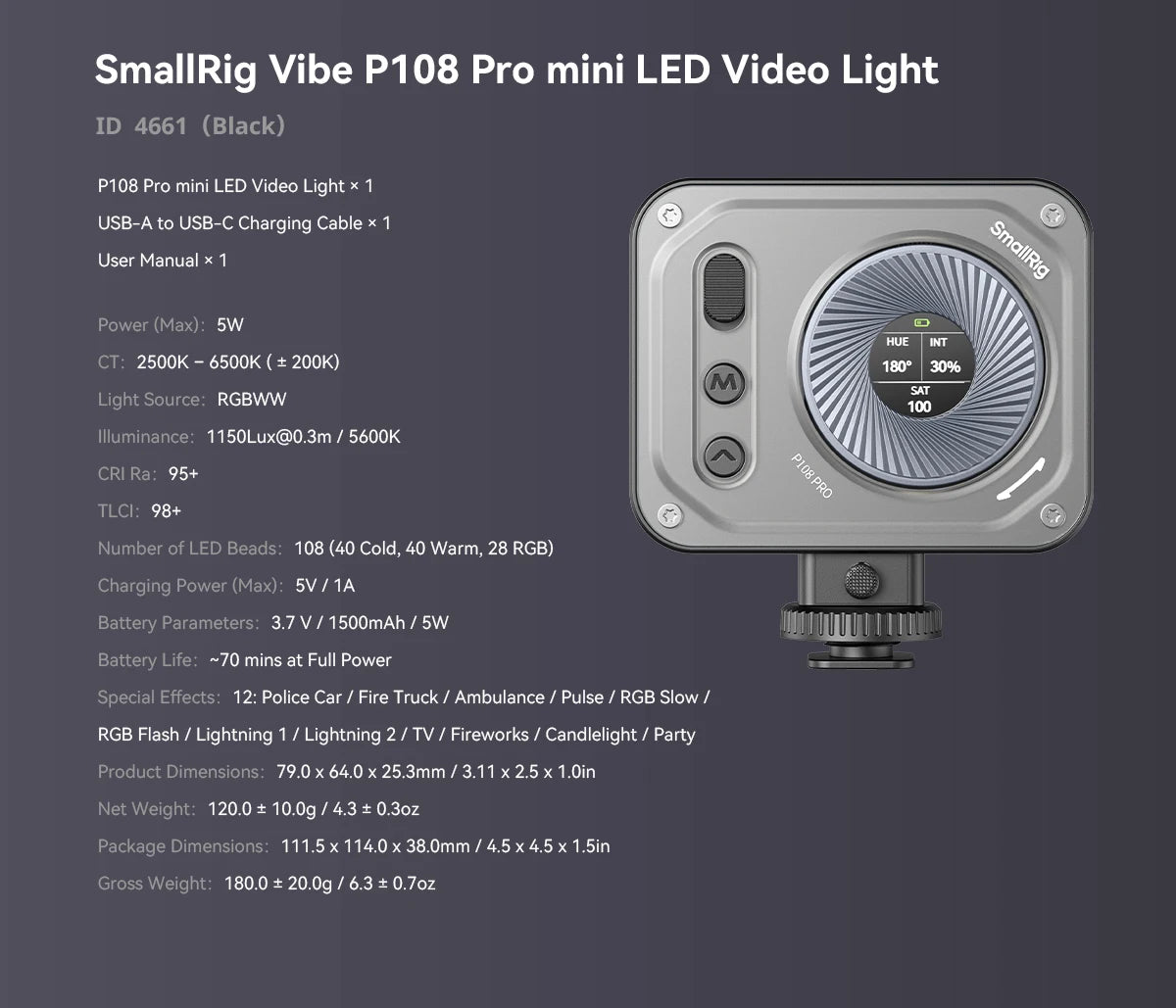 SmallRig Vibe P96 Pro mini LED Video Light, Pink & Black Color