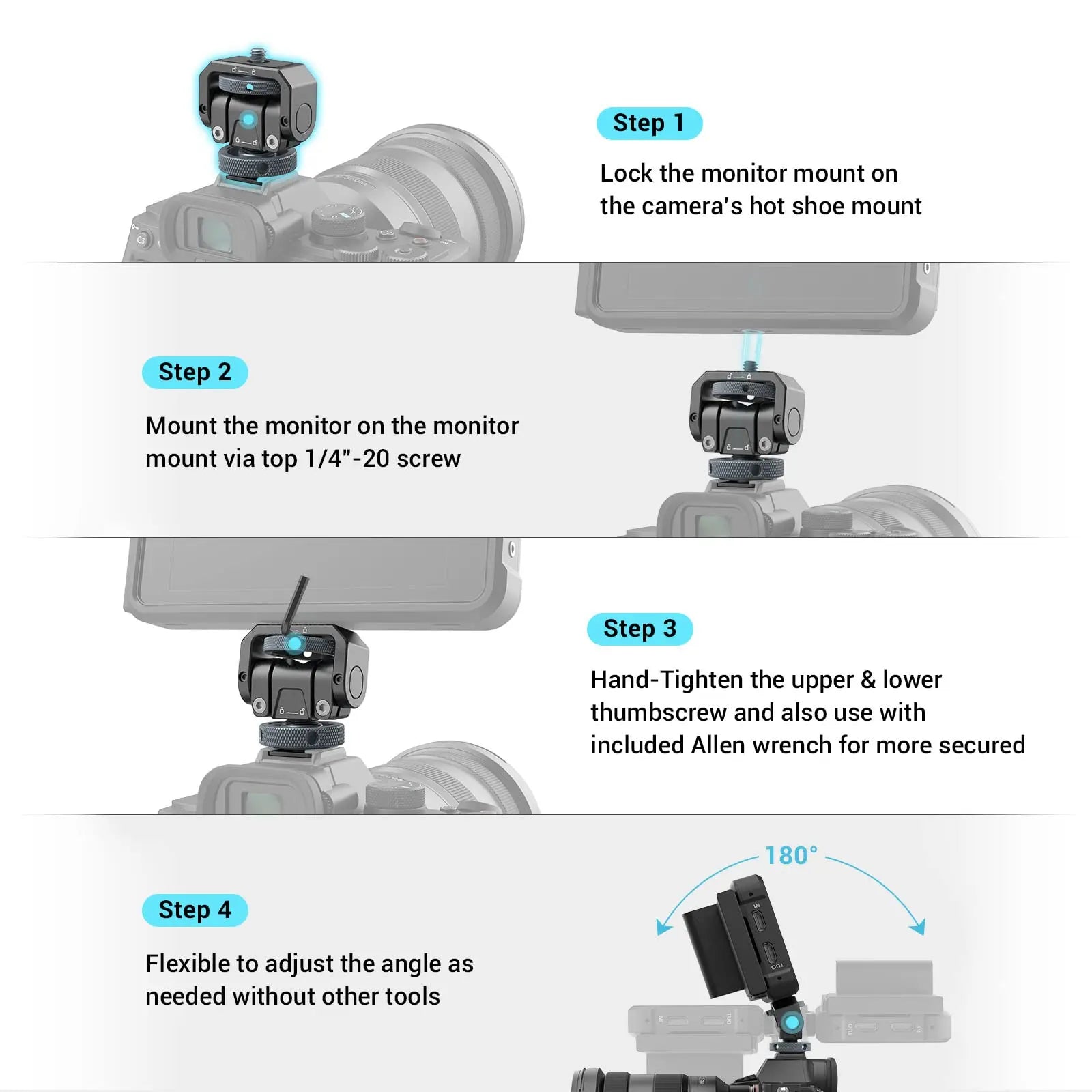 SmallRig Monitor Mount Lite with Cold Shoe Swivels 360° and tilts 180° Adjustable Built-in 1/4"-20 Threaded Hole for Magic Arm