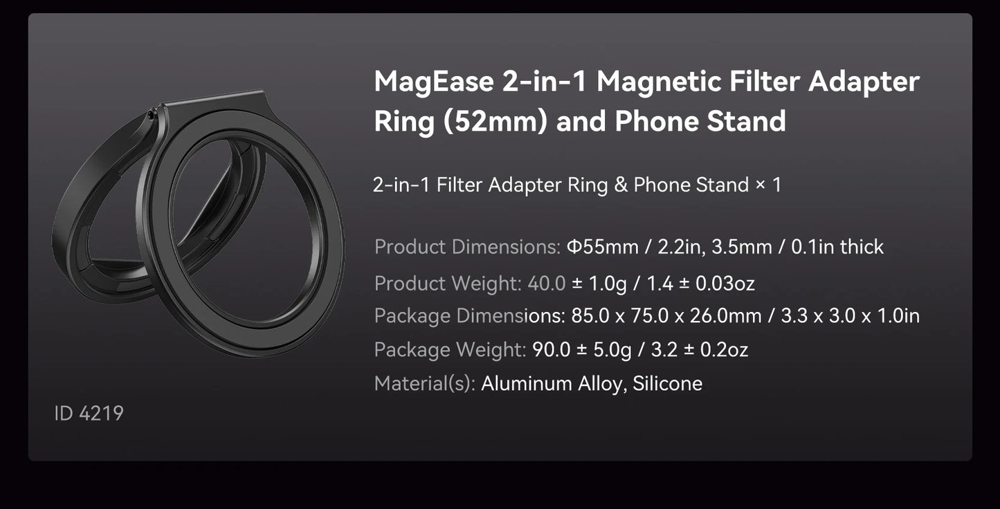 SmallRig 2-in-1 52mm Magnetic Filter Adapter Ring / Phone Stand for iPhone, Foldable Compact and Portable 4219