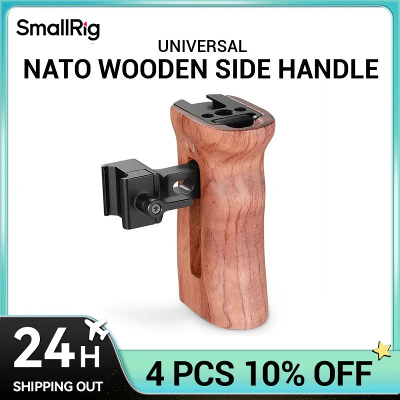 SmallRig DSLR Camera Wooden Handle Grip Quick Release NATO Side Handle With Cold Shoe Mount 1/4 3/8 Thread Holes 2187B