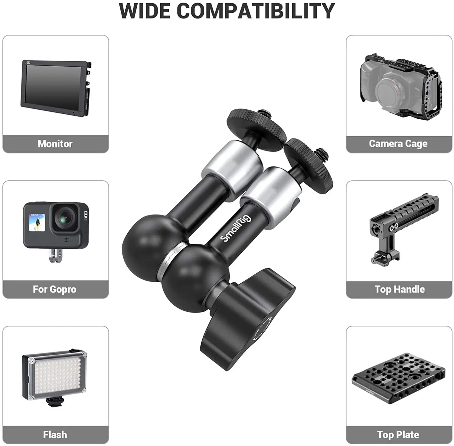 SmallRig Camera 5.5 inches Articulating Arm EVF Mount Microphone Mount Universal 1/4" to 1/4" Aluminum Magic Arm Camera 2065