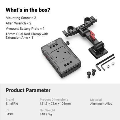 SmallRig V Mount Battery Adapter Plate, Power Supply Splitter with 15 mm Rod Clamp and Adjustable Arm, for Sony for Canon 3499