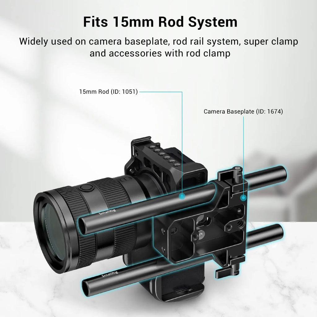 SmallRig Black Aluminum Alloy 15mm Rod M12-20cm 8inch Long (2 Pack)- 1051