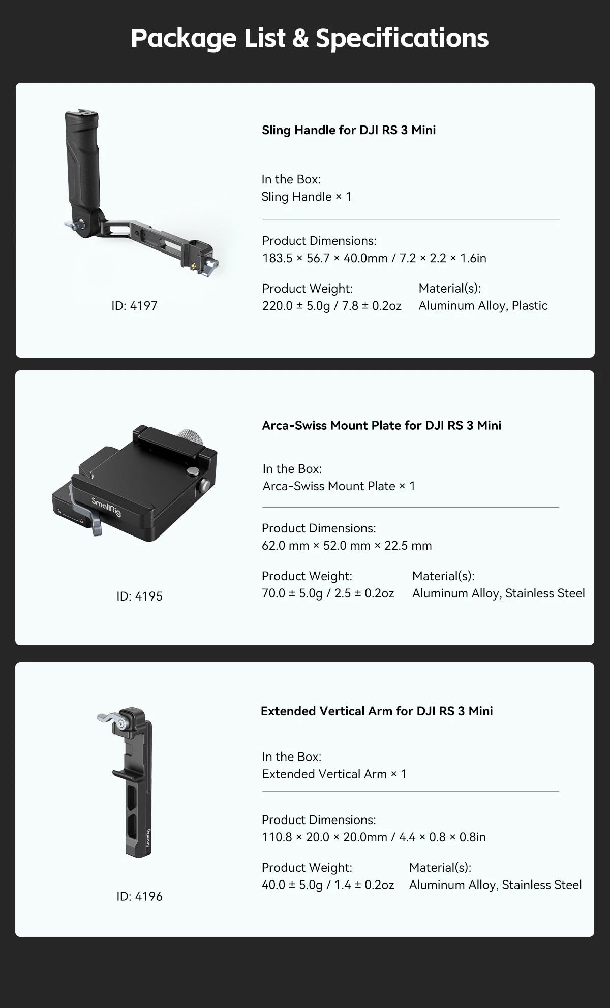 SmallRig Mount Plate for Arca-Swiss, for DJI RS 3 Mini 4195 and Extended Vertical Arm for DJI RS 3 Mini 4196