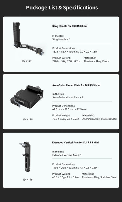 SmallRig Mount Plate for Arca-Swiss, for DJI RS 3 Mini 4195 and Extended Vertical Arm for DJI RS 3 Mini 4196