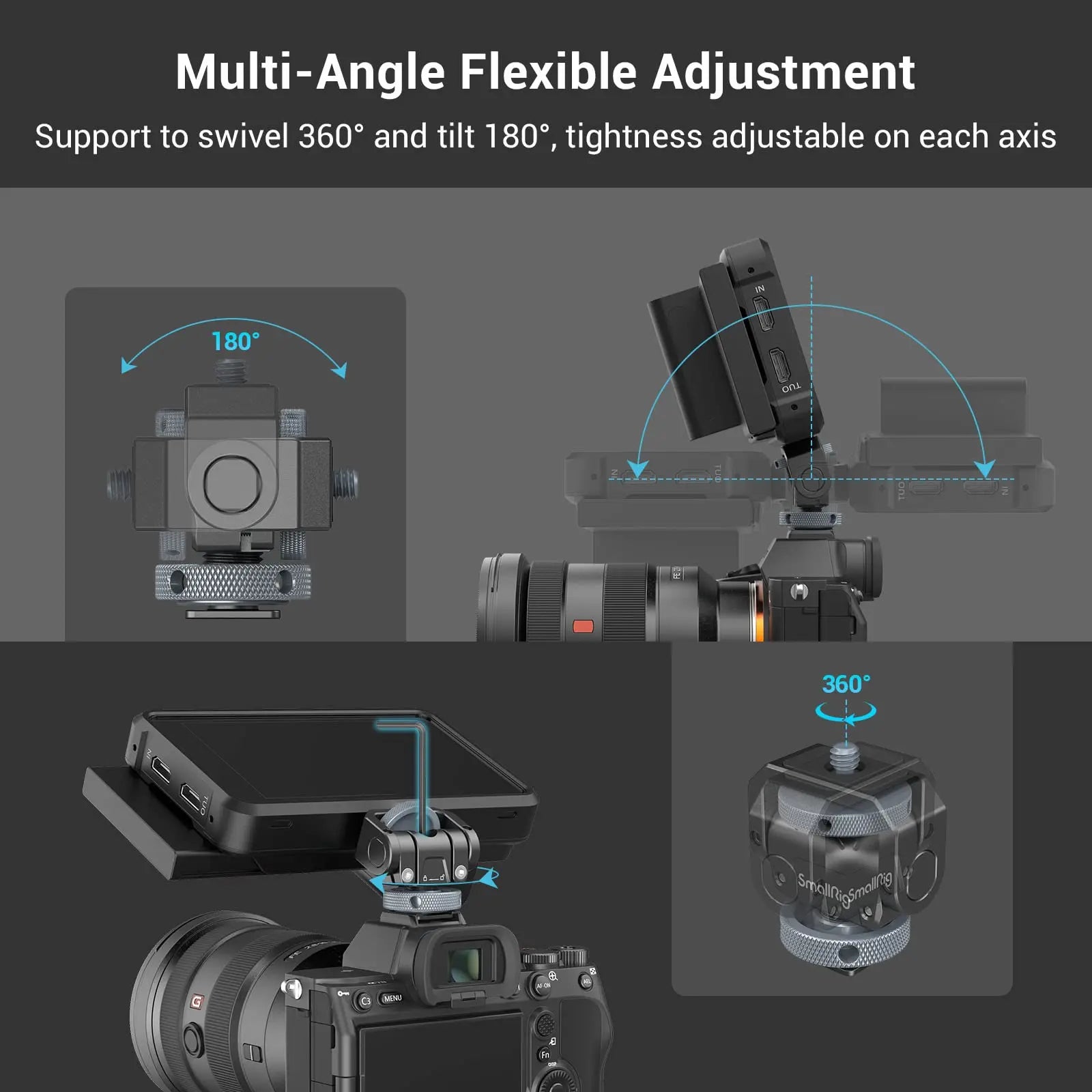 SmallRig Monitor Mount Lite with Cold Shoe Swivels 360° and tilts 180° Adjustable Built-in 1/4"-20 Threaded Hole for Magic Arm