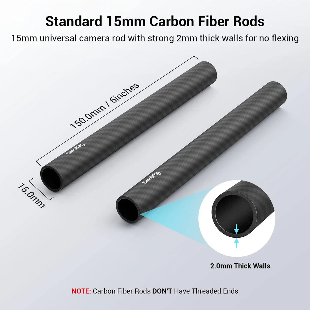 SmallRig 15mm Carbon Fiber Rod Length 10cm/15cm/20cm/22.5cm/30cm, Light Weight Rods for 15mm Support System Camera Rig 2PCS Pack