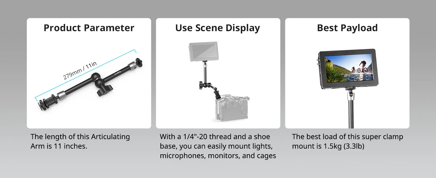 SmallRig Adjustable Friction Articulating Magic Arm 11" Long with Cold Shoe Mount Standard 1/4"-20 Threaded Screw Adapter