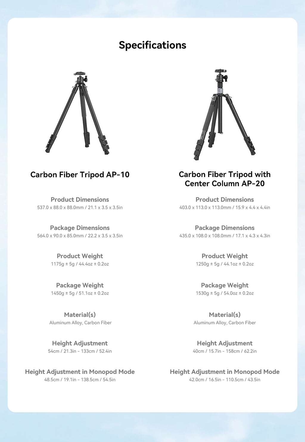 SmallRig Carbon Fiber Tripod with Center Column AP-20 Stable and Lightweight Carbon Fiber Legs Load 12kg Quickly Adjustable 4059