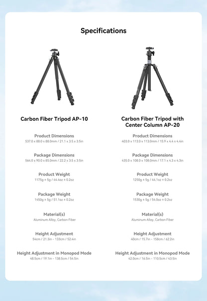 SmallRig Carbon Fiber Tripod with Center Column AP-20 Stable and Lightweight Carbon Fiber Legs Load 12kg Quickly Adjustable 4059