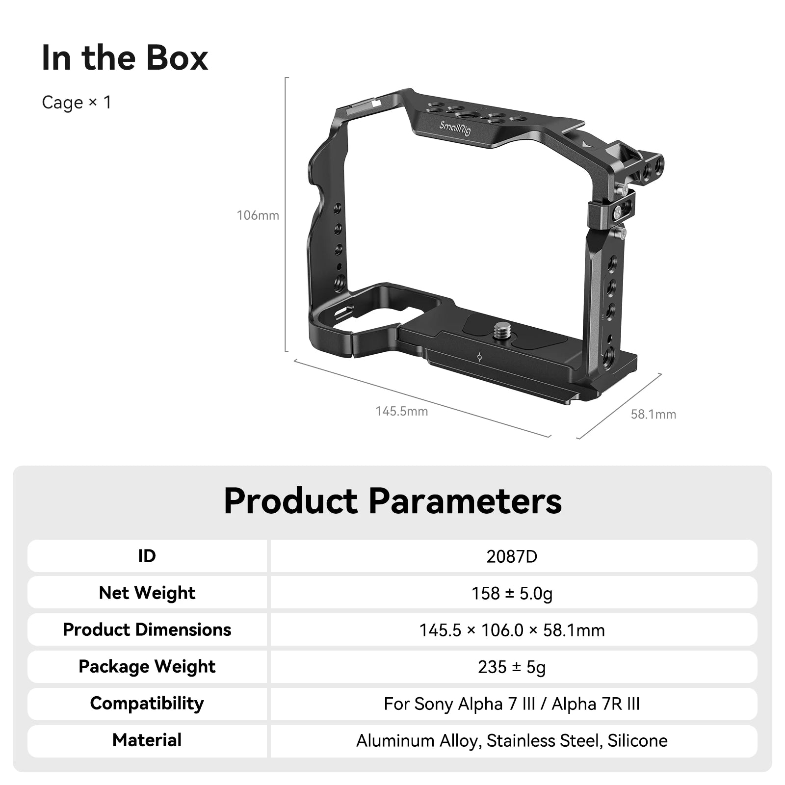 Jaula SmallRig para Sony A7 III / A7R III, jaula de aleación de aluminio con placa de liberación rápida Arca, zapata fría incorporada, riel NATO 2087D