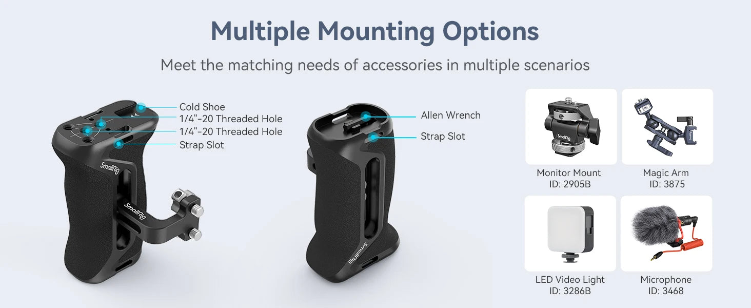 SmallRig DSLR Camera Hand Grip Aluminum Universal Side Handle W/ Screw Mounting Holes &Cold Shoe for Microphone DIY Options 4015