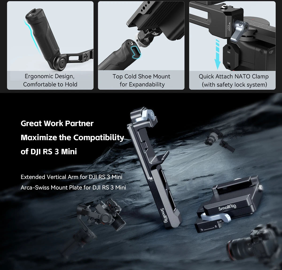 SmallRig Mount Plate for Arca-Swiss, for DJI RS 3 Mini 4195 and Extended Vertical Arm for DJI RS 3 Mini 4196