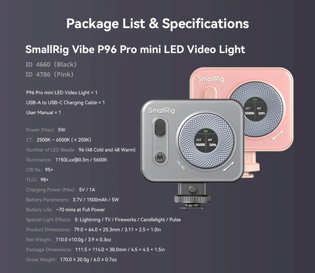 SmallRig Vibe P96 Pro mini LED Video Light, Pink & Black Color