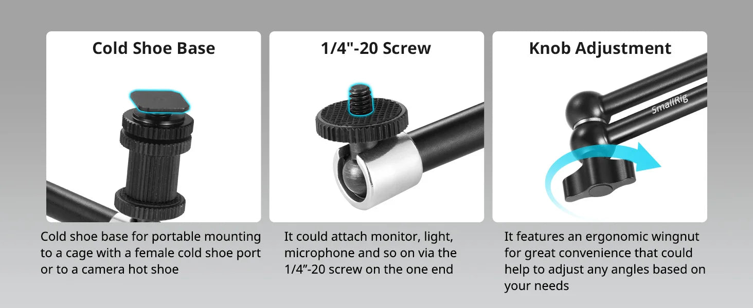 SmallRig Adjustable Friction Articulating Magic Arm 11" Long with Cold Shoe Mount Standard 1/4"-20 Threaded Screw Adapter