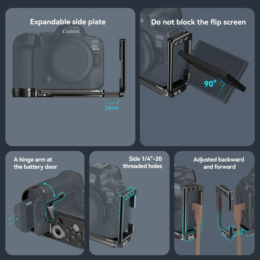 SmallRig Camera L-Bracket for Canon EOS R6 Mark II /R5 /R5 C / R6  Arca-Type 1/4" Accessory Threads Quick Release L Plate 4160