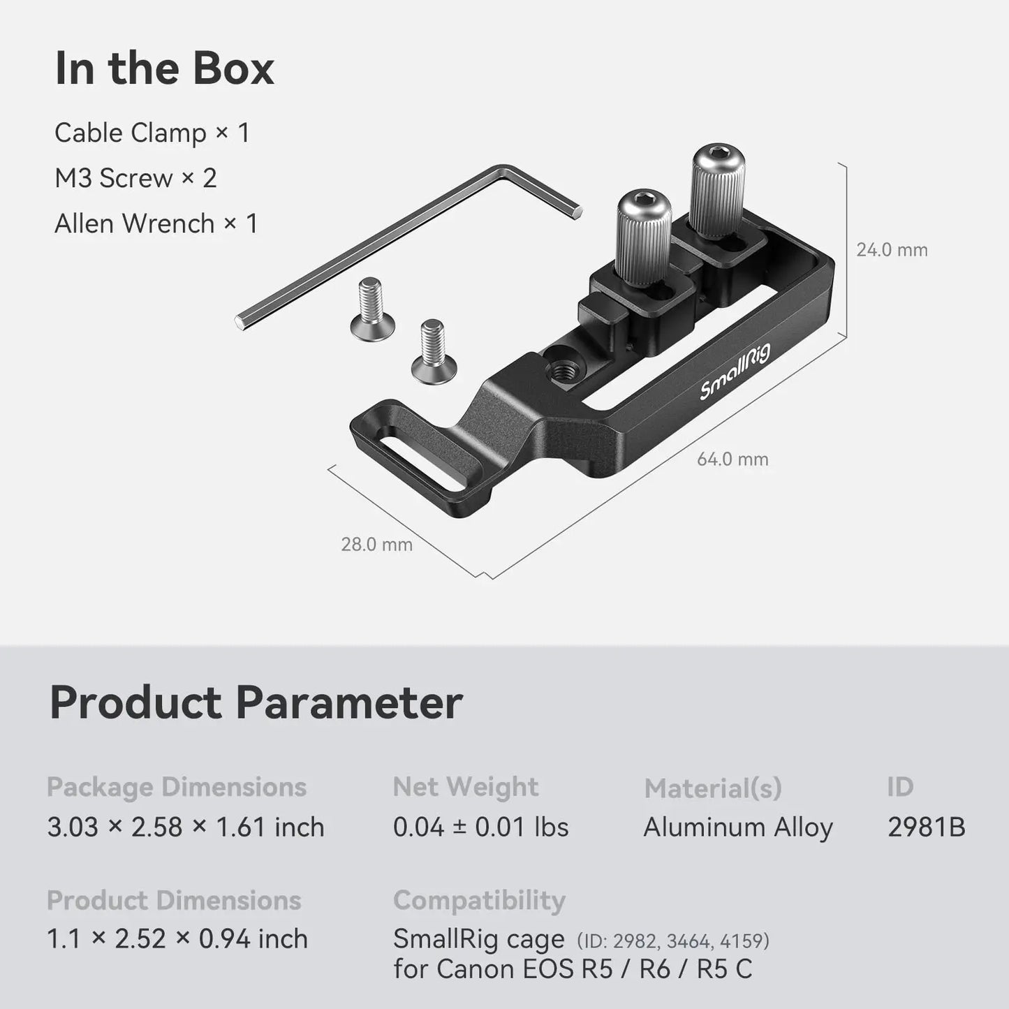 SmallRig  USB-C Cable Clamp for Canon R5 / R6 / R5 C Cage 2982/3464 and R6 Mark II Camera Cage 4159 - 2981B