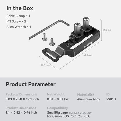SmallRig  USB-C Cable Clamp for Canon R5 / R6 / R5 C Cage 2982/3464 and R6 Mark II Camera Cage 4159 - 2981B