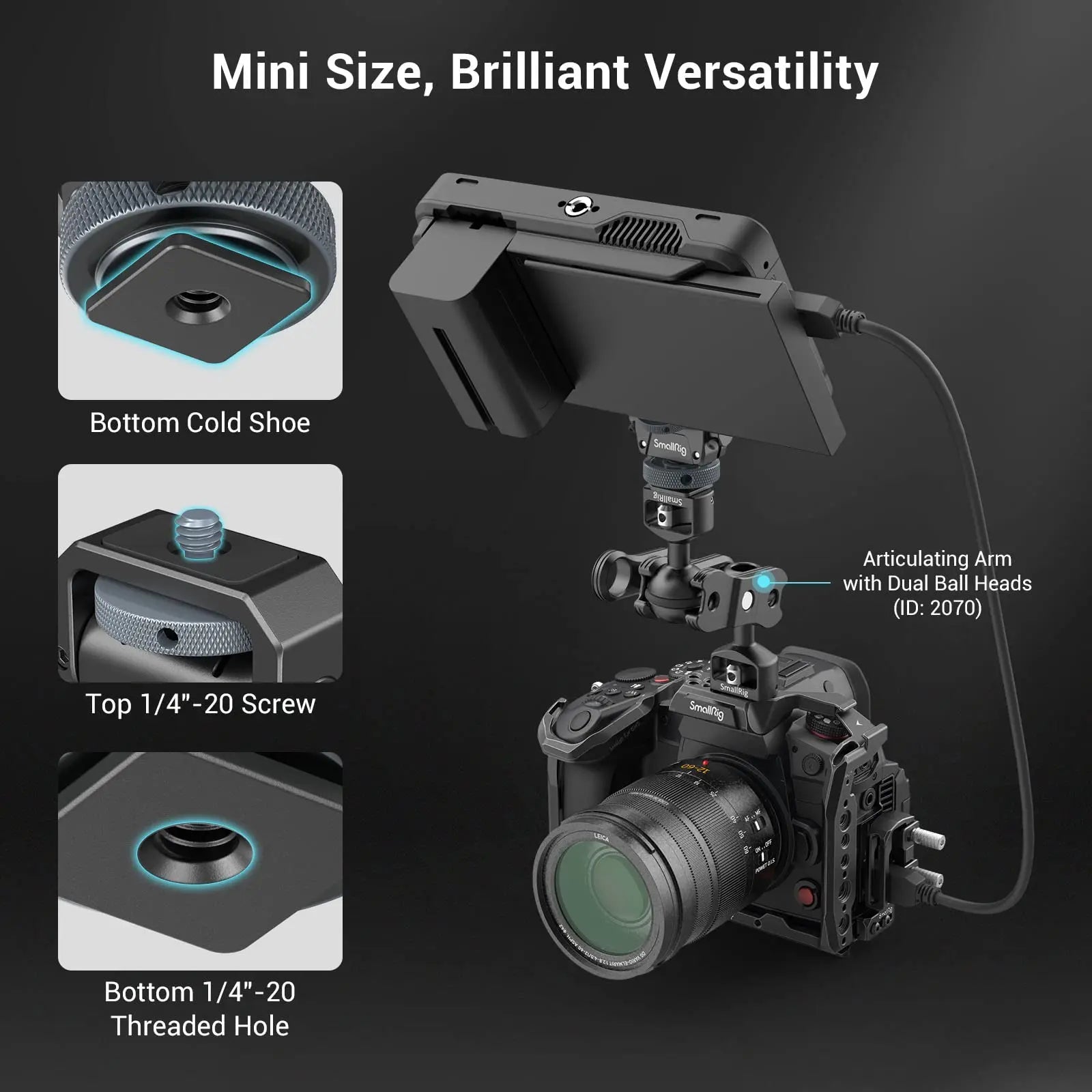 SmallRig Monitor Mount Lite with Cold Shoe Swivels 360° and tilts 180° Adjustable Built-in 1/4"-20 Threaded Hole for Magic Arm